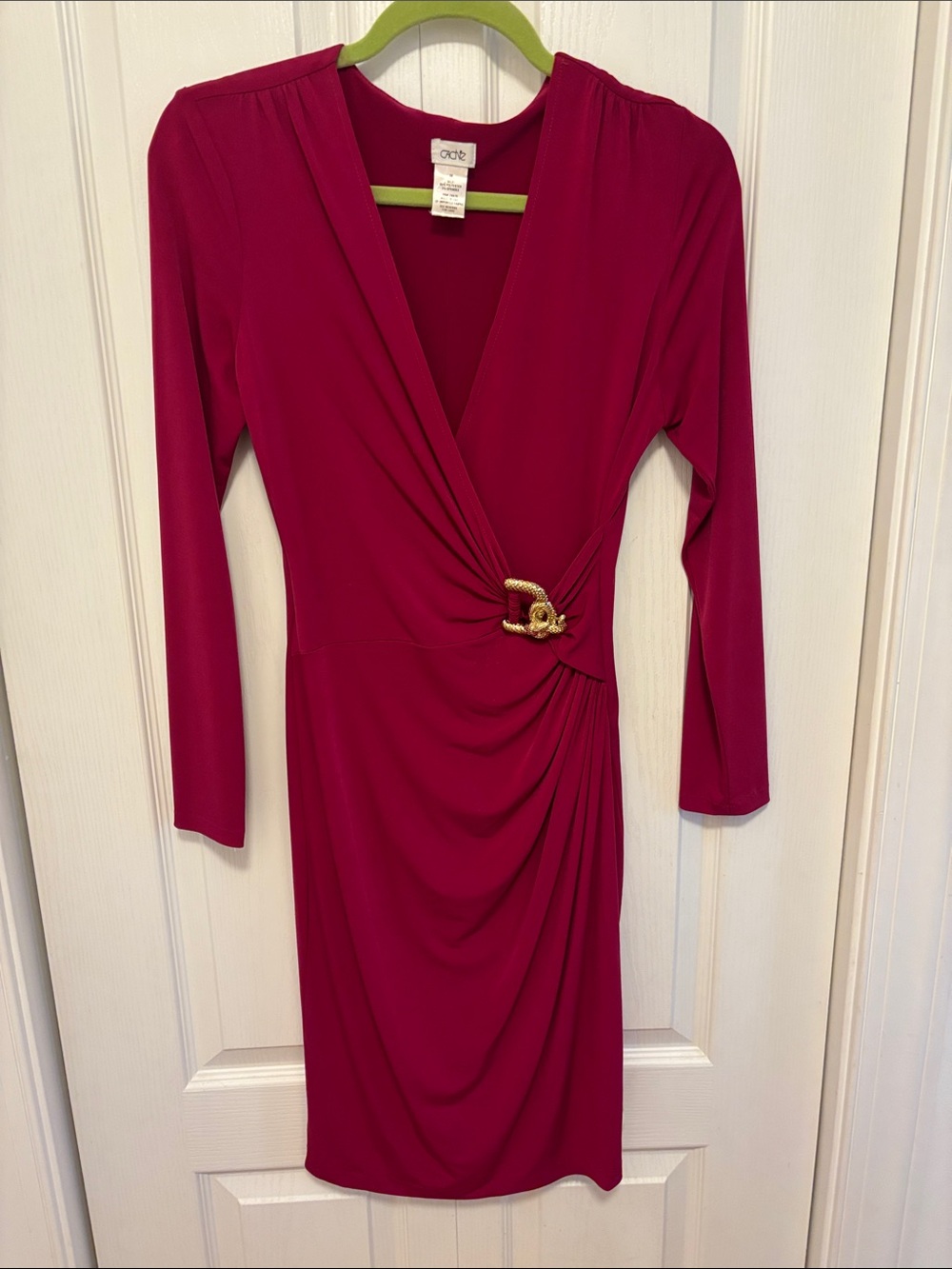 Cache Raspberry Long-Sleeve Wrap Dress with Gold Accent